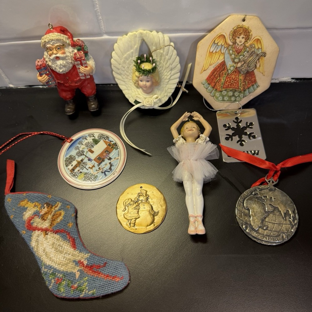 Lot of 9‎ Christmas Ornaments Angels Needlepoint Santa Metal Vintage Porcelain